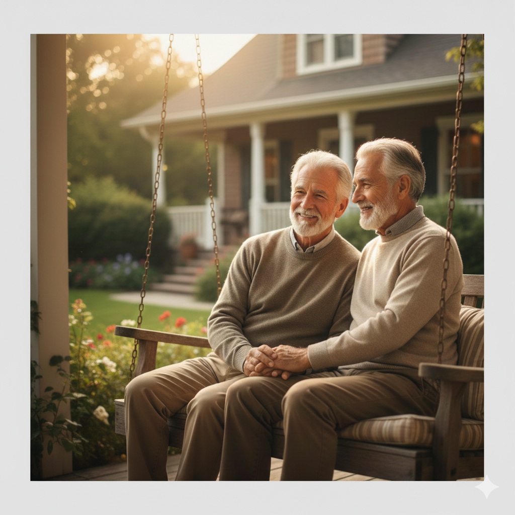 Two elderly men sitting together on a porch swing